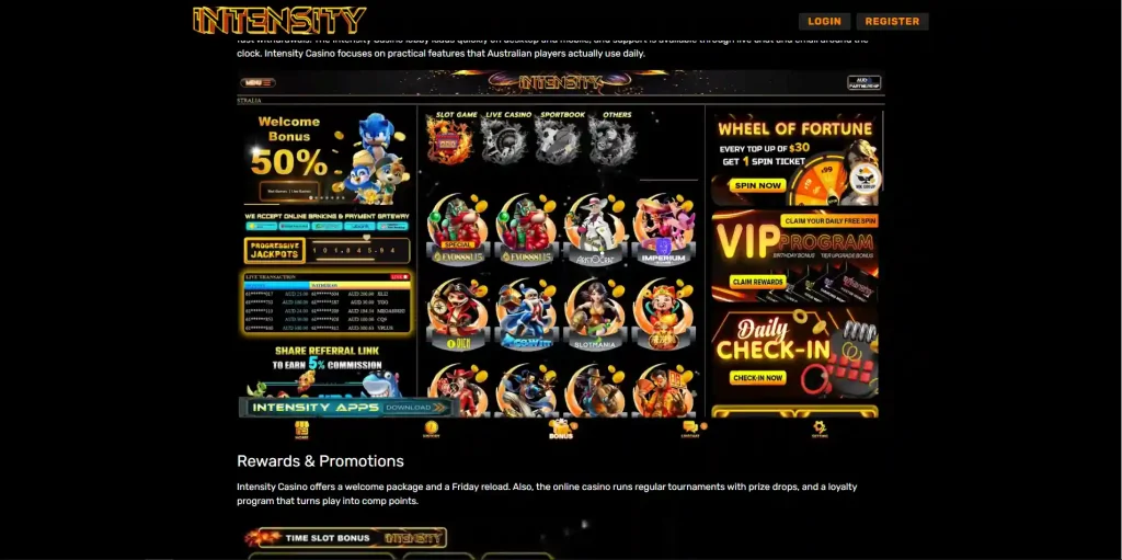 Current Intensity Casino game lobby showing category navigation and representative game tiles