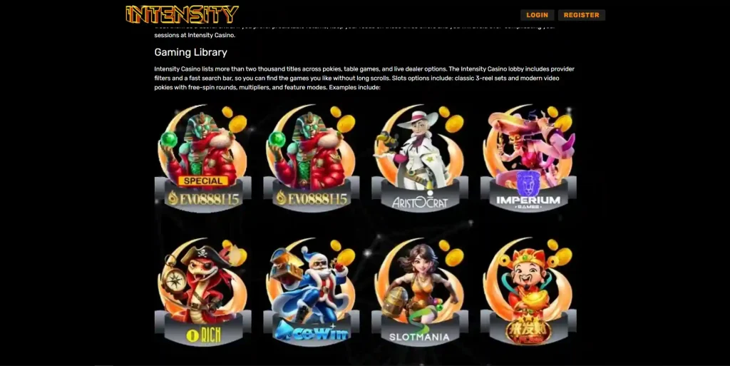 Current Intensity Casino pokies lobby with slot game tiles and browsing controls