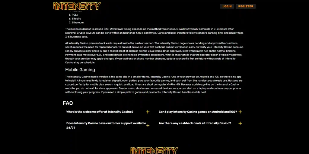 Current Intensity Casino registration or account creation screen