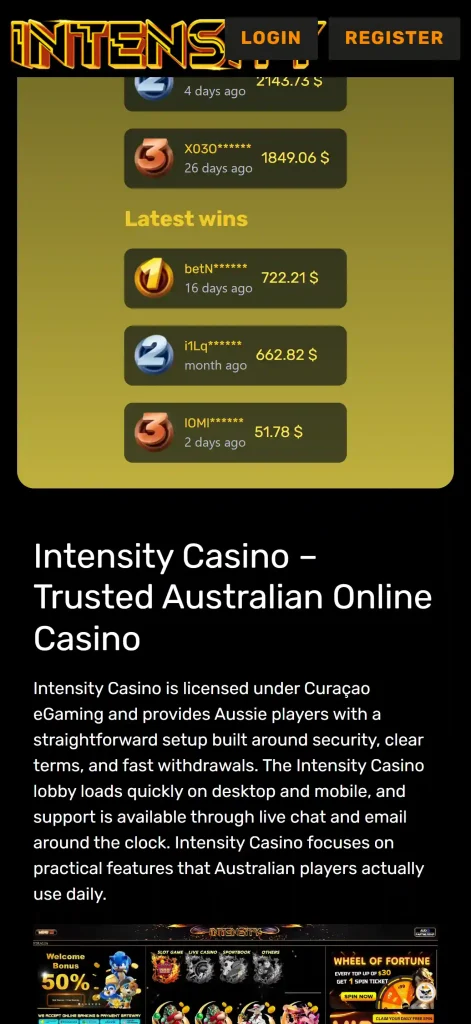 Current Intensity Casino website displayed in a mobile browser viewport