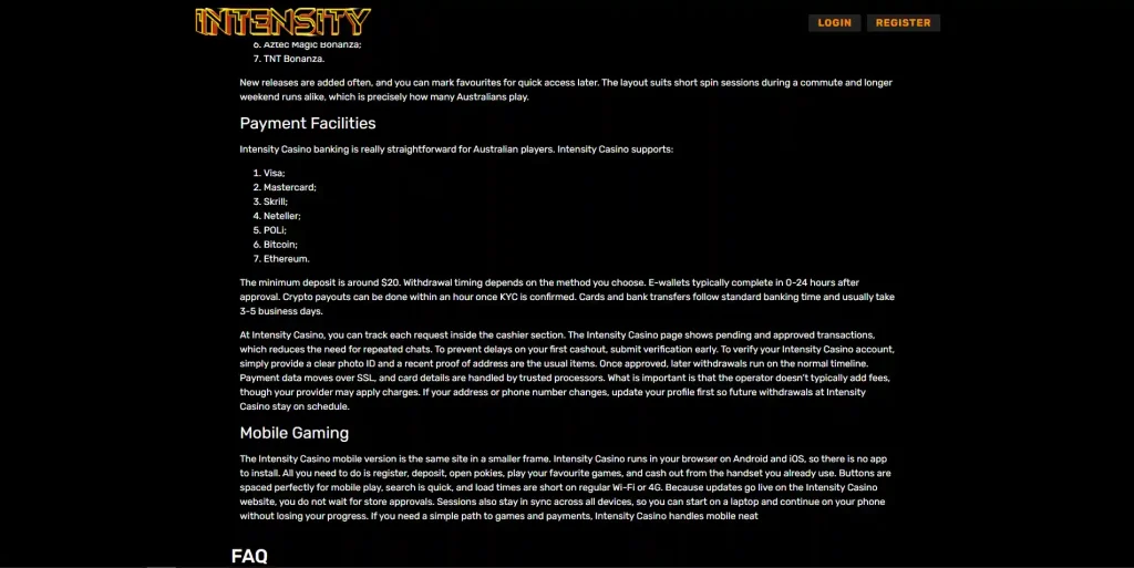 Intensity Casino cashier payment methods shown in the current brand interface